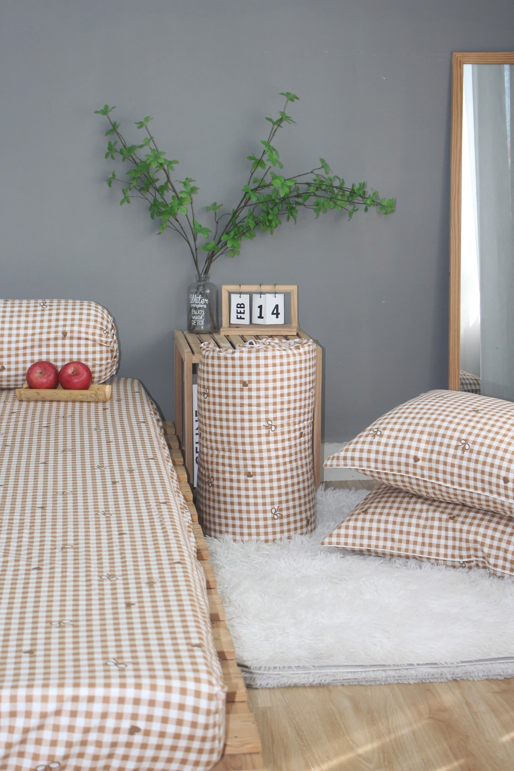 Bộ drap gối KHA LY - 100% cotton thiên nhiên Caro Nơ-nâu