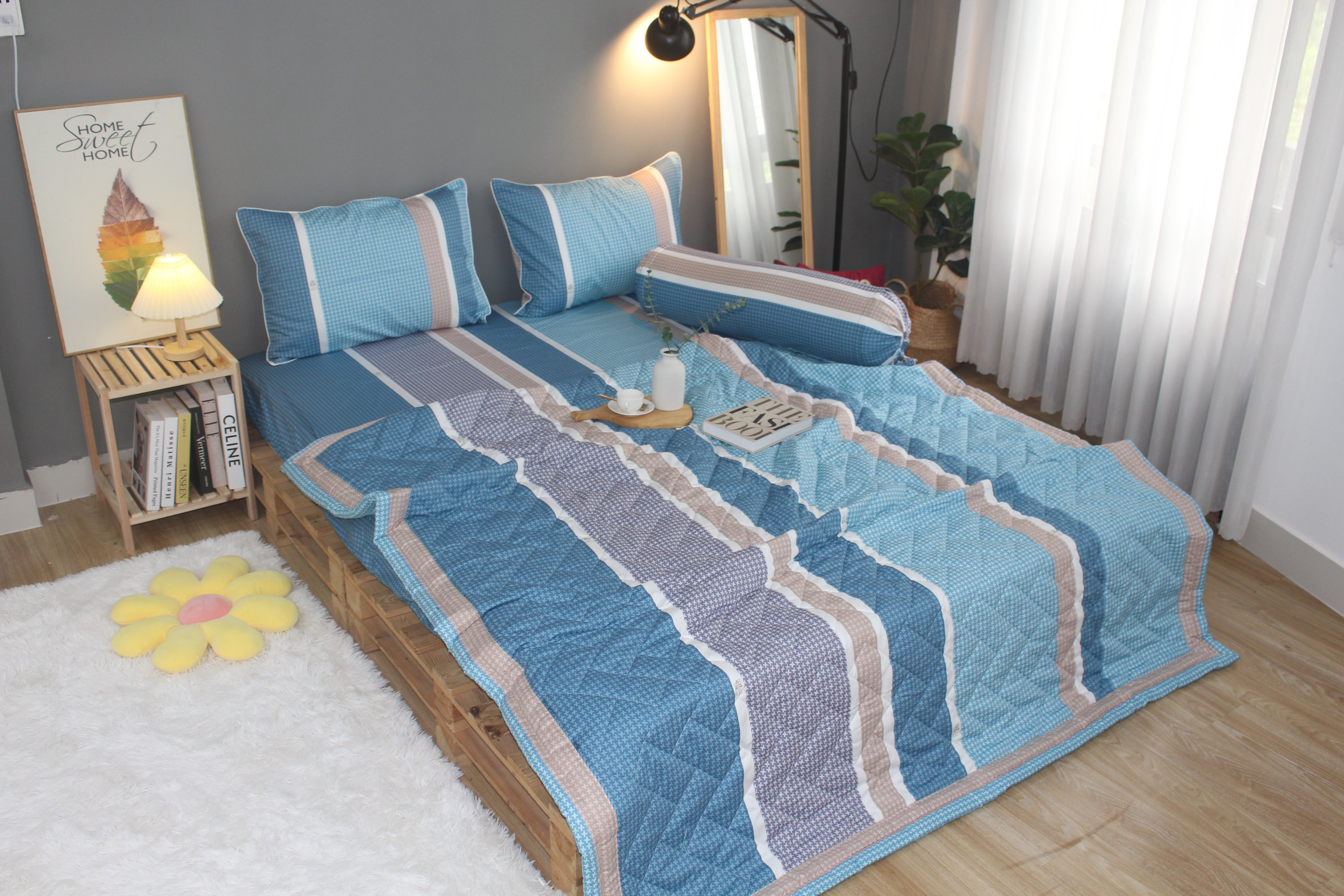 Bộ drap gối KHA LY - 100% cotton thiên nhiên Sọc Nhí-Xanh