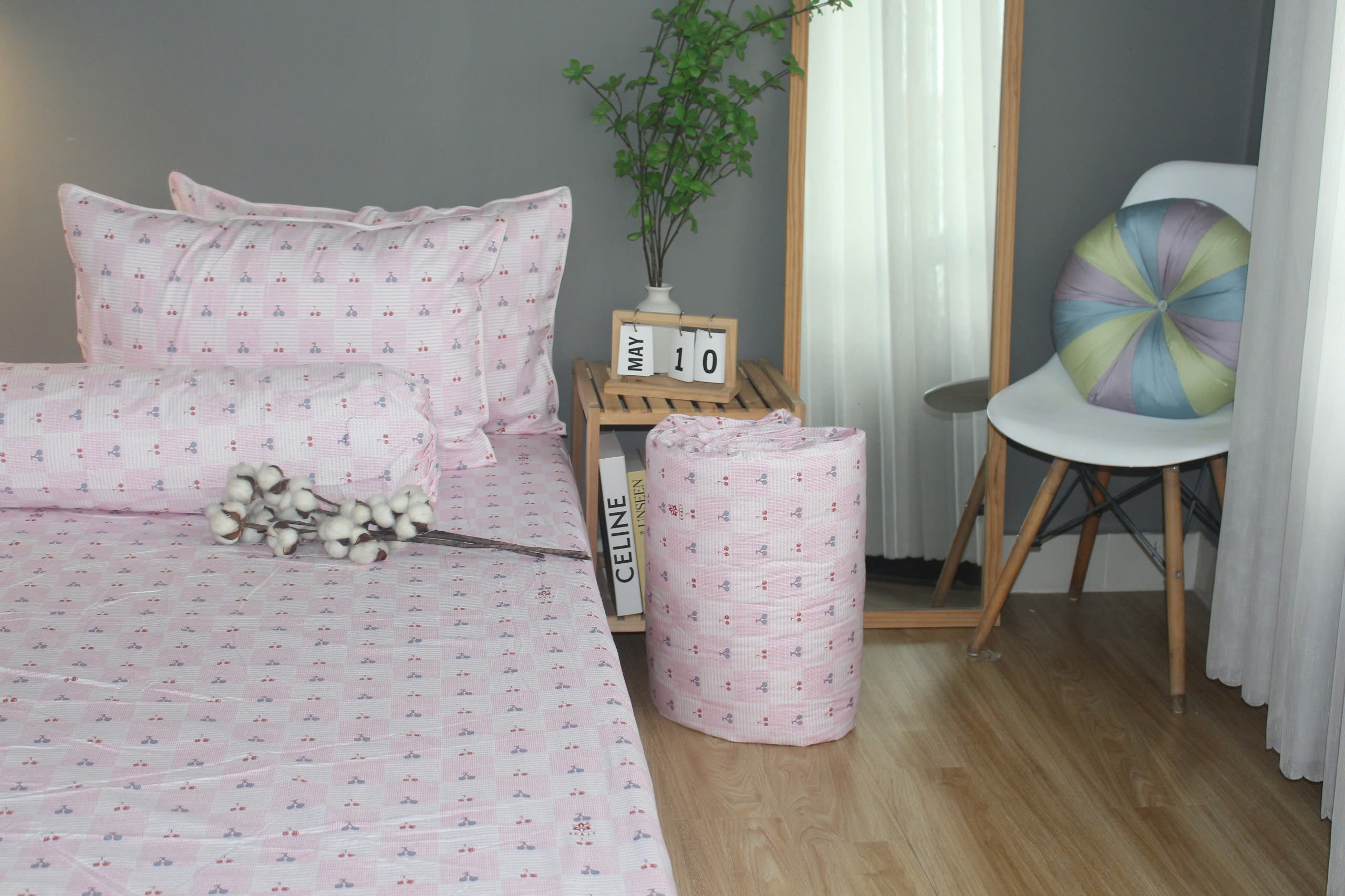 Bộ drap gối KHA LY - 100% cotton thiên nhiên Cherry Hồng