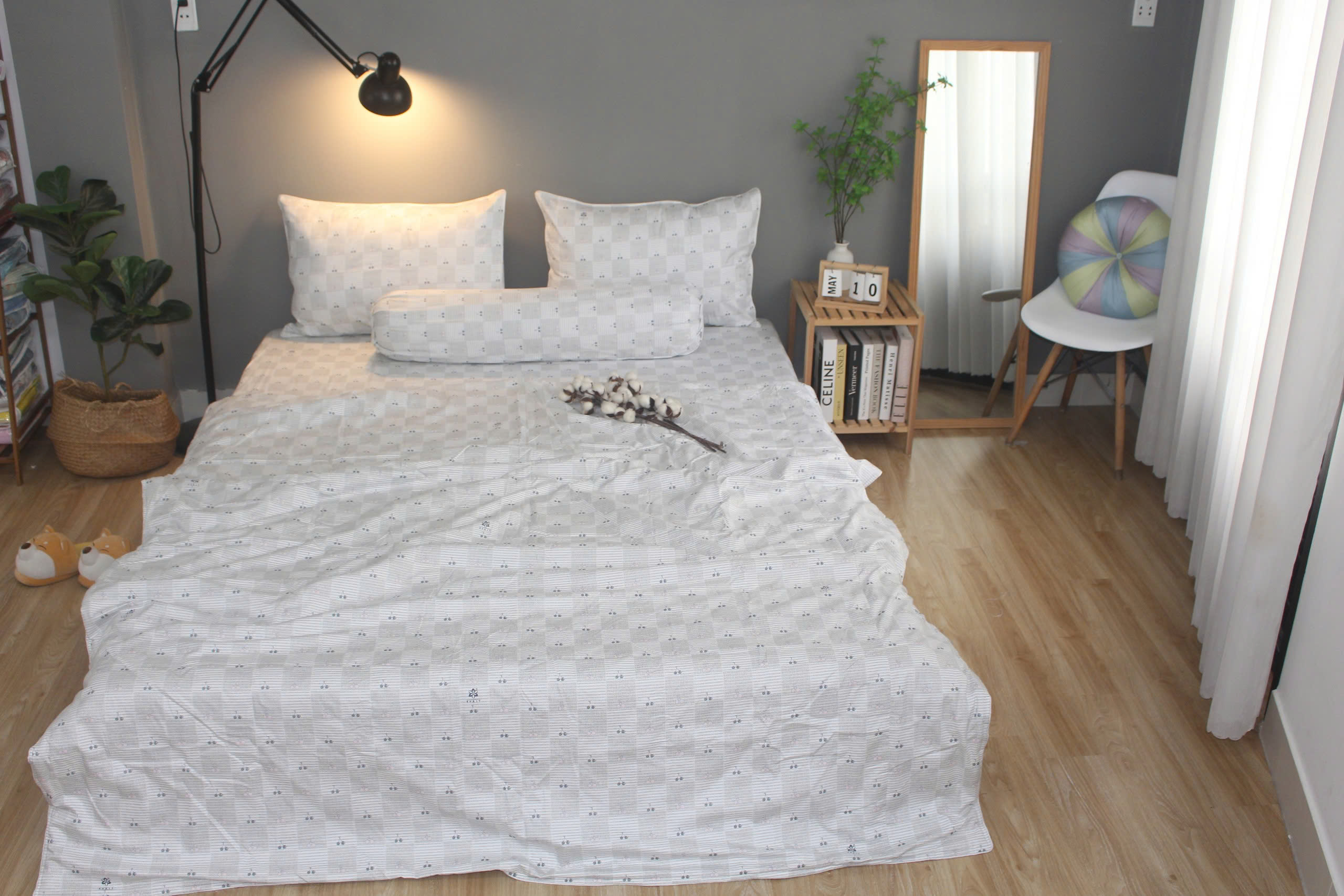 Bộ drap gối KHA LY - 100% cotton thiên nhiên Cherry Xám