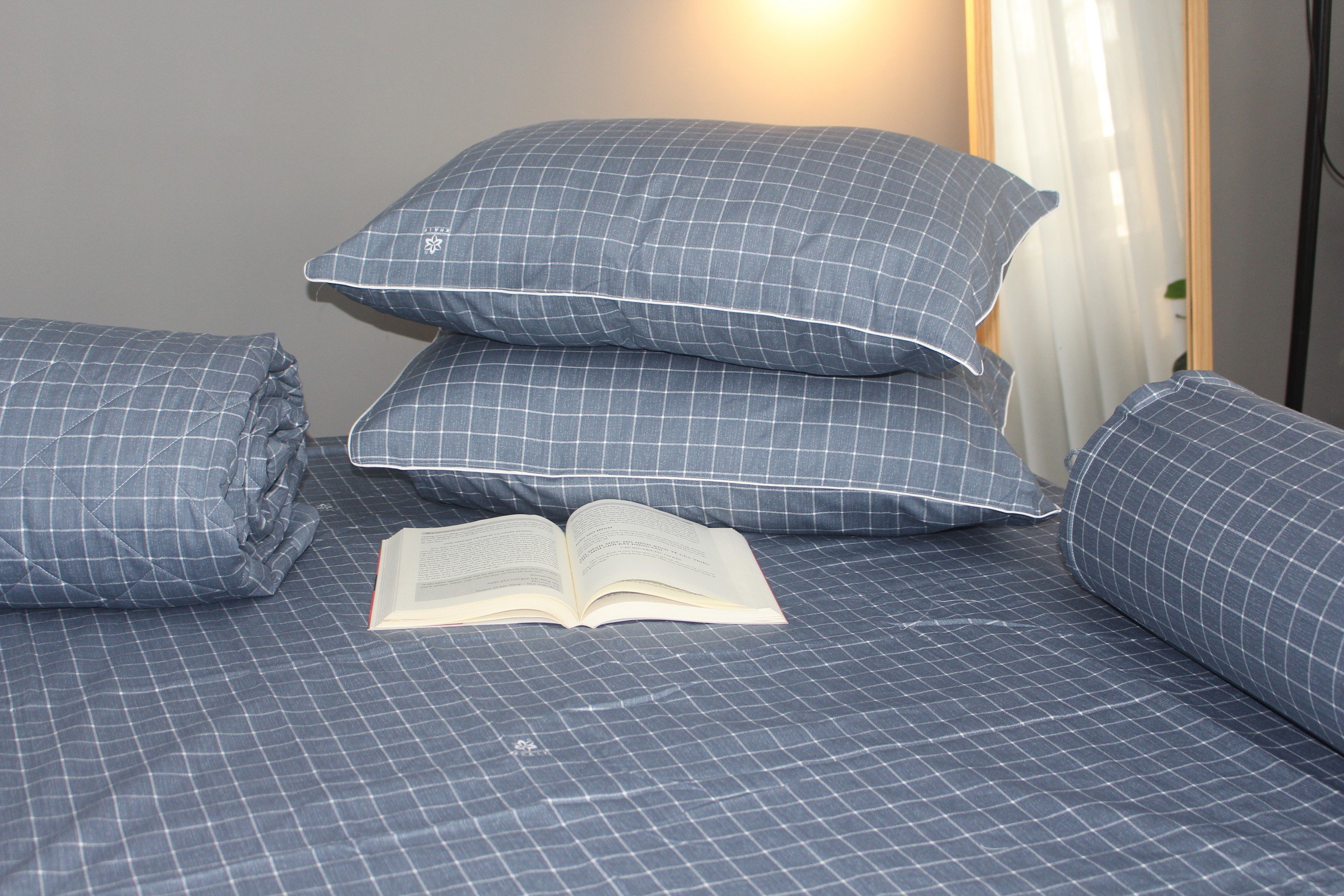 Bộ drap gối KHA LY - 100% cotton thiên nhiên Caro Xám