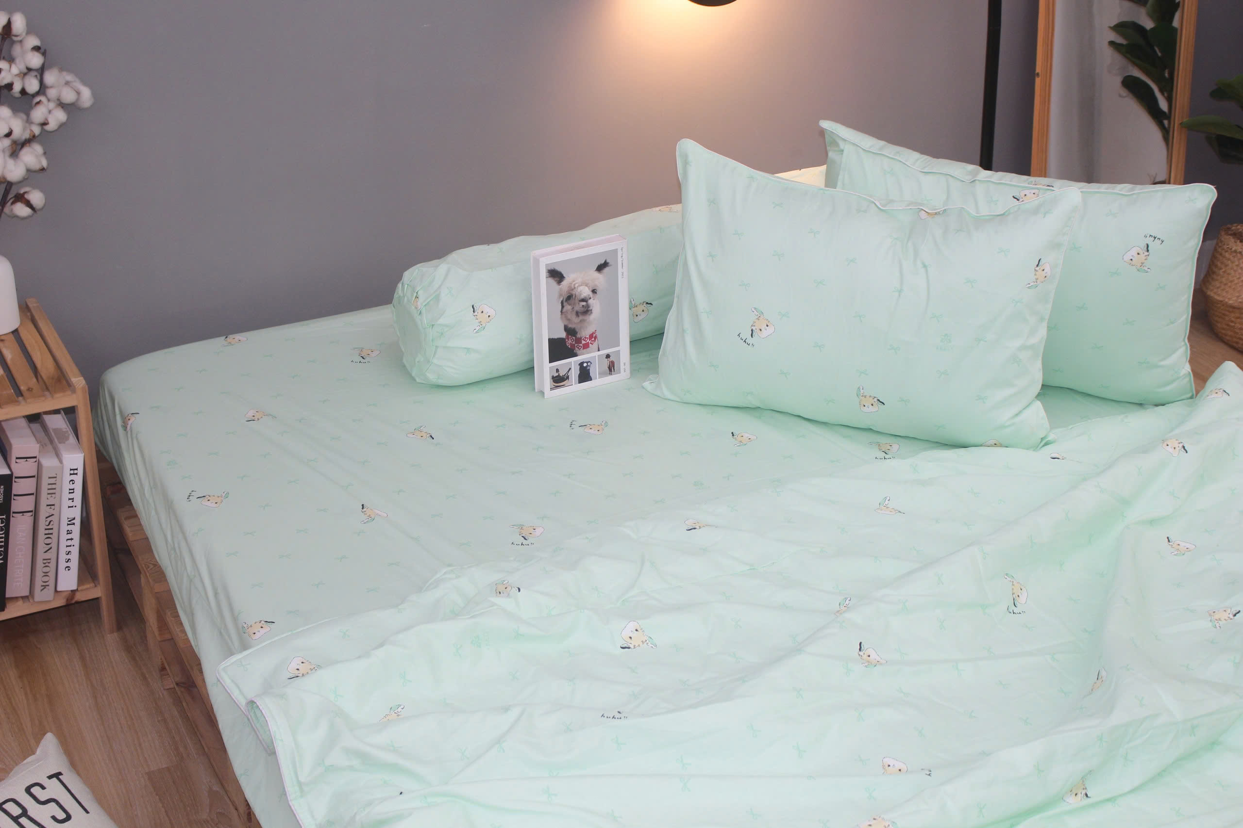 Bộ drap gối KHA LY - 100% cotton thiên nhiên Thỏ Nơ Lá