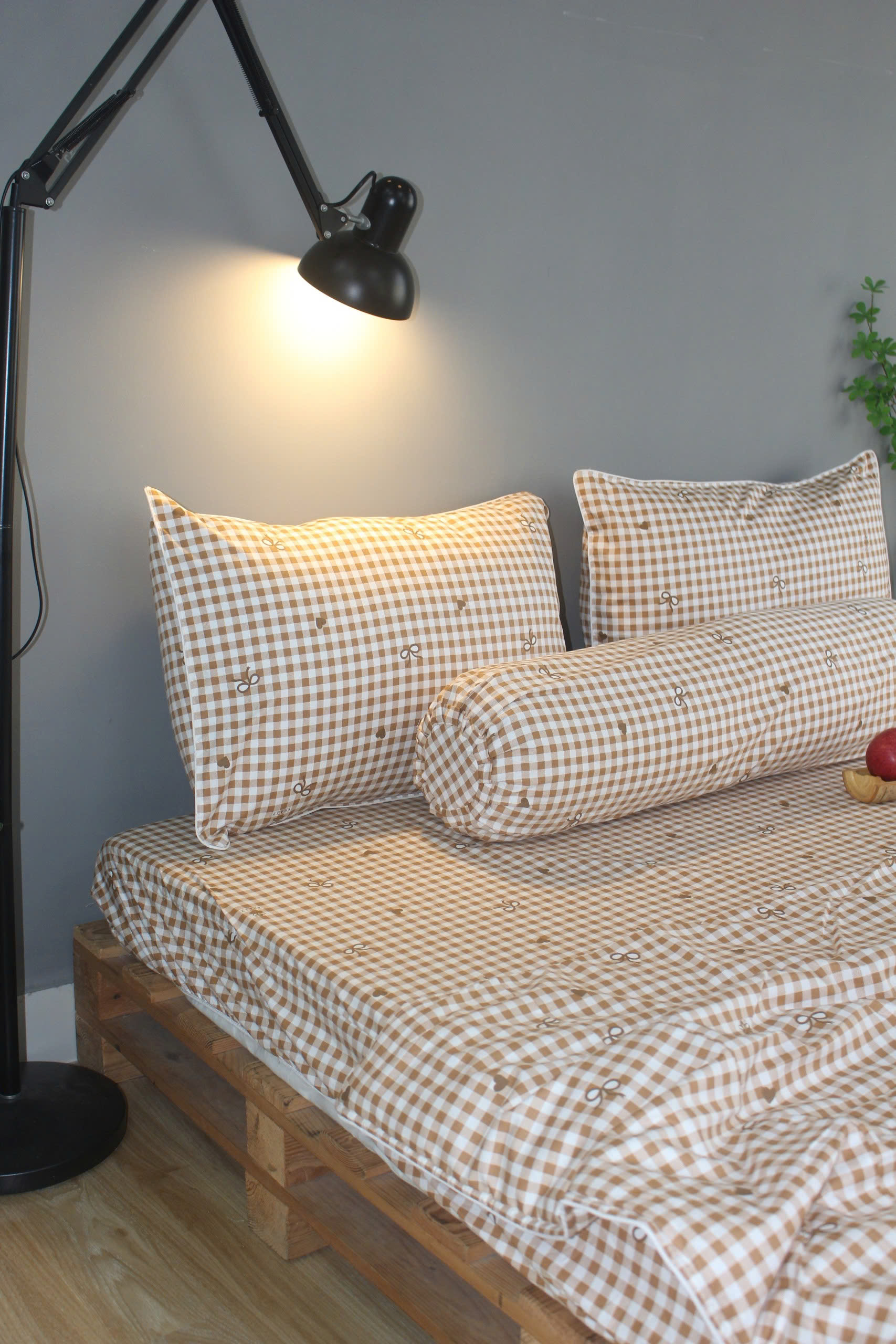 Bộ drap gối KHA LY - 100% cotton thiên nhiên Caro Nơ-nâu