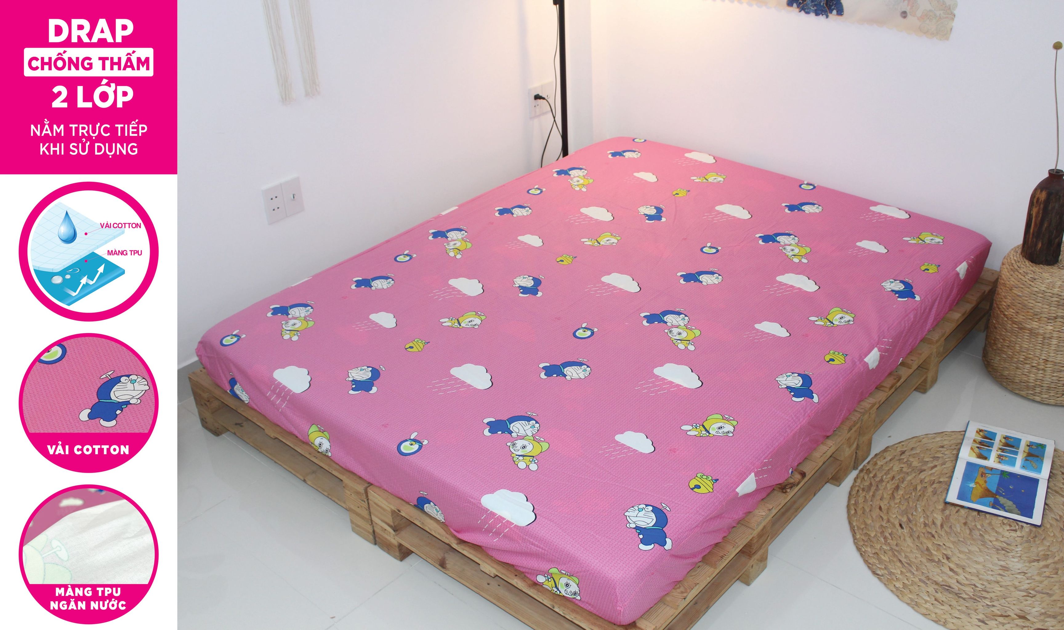 Drap Cotton KHA LY - Chống Thấm 2 Lớp - ngăn nước thấm xuống nệm - nằm trực tiếp khi sử dụng